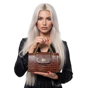 VINTAGE BROWN CROCODILE EMBOSSED CHAIN HAND BAG WOMAN